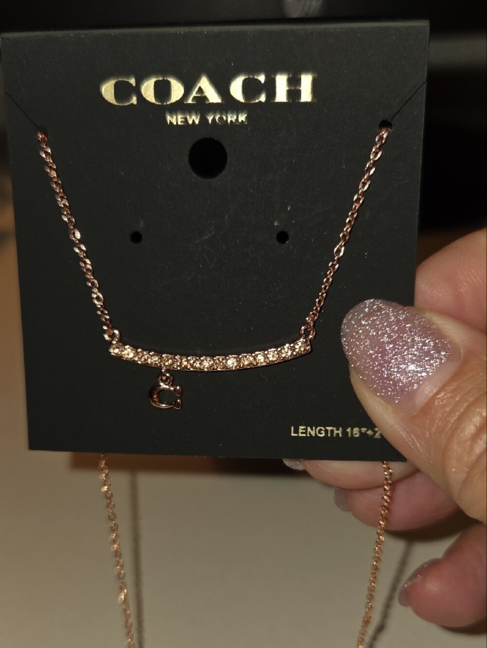 Coach Rose Gold Pavé Bar Necklace with C Charm - Picture 7 of 7